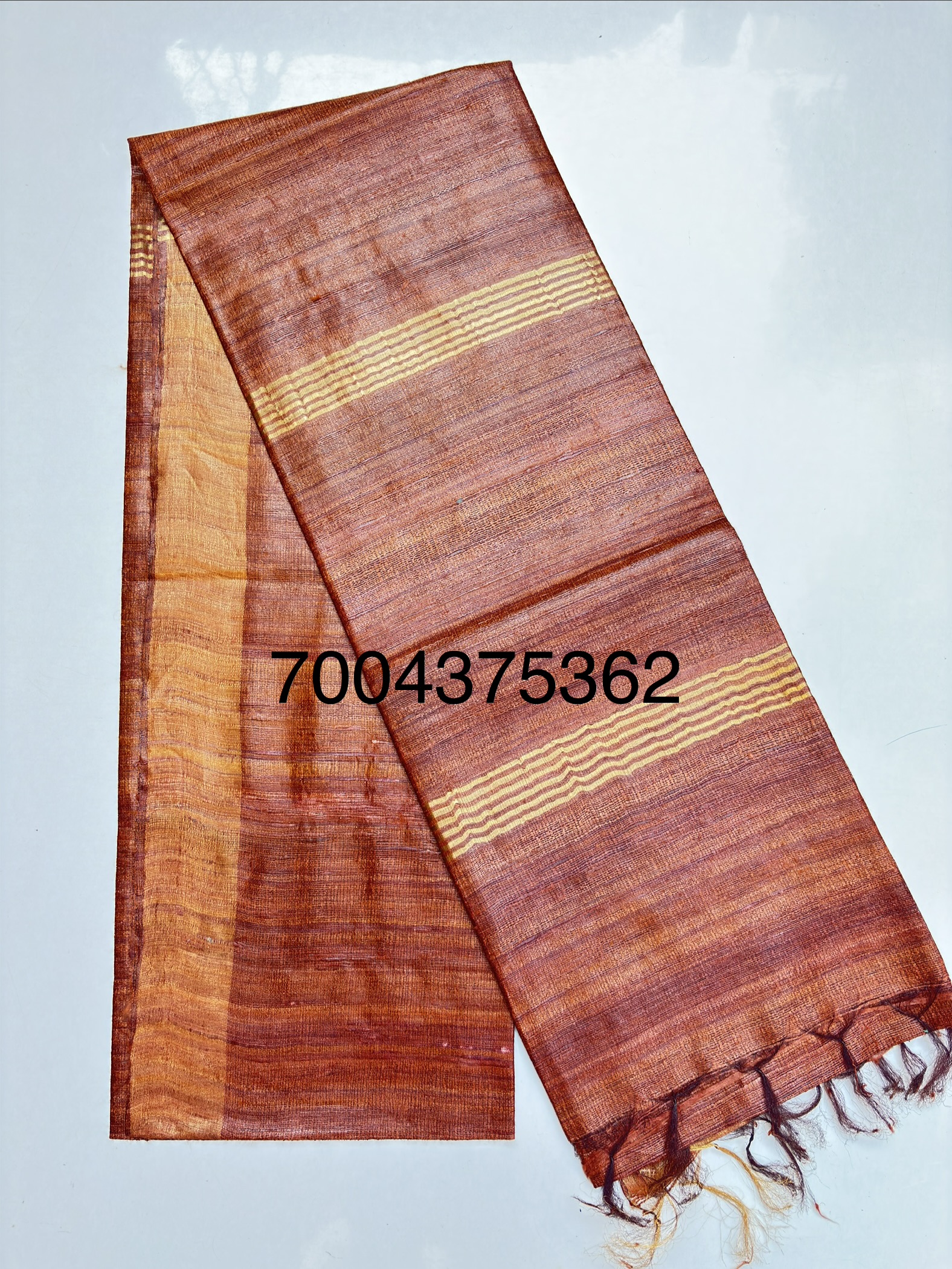 Pure Silk Tussar Ghicha Saree with Woven Zari Border - Image 4