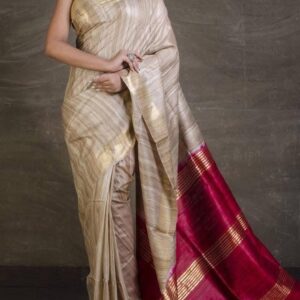 Pure Silk Tussar Ghicha Saree with Woven Zari Border