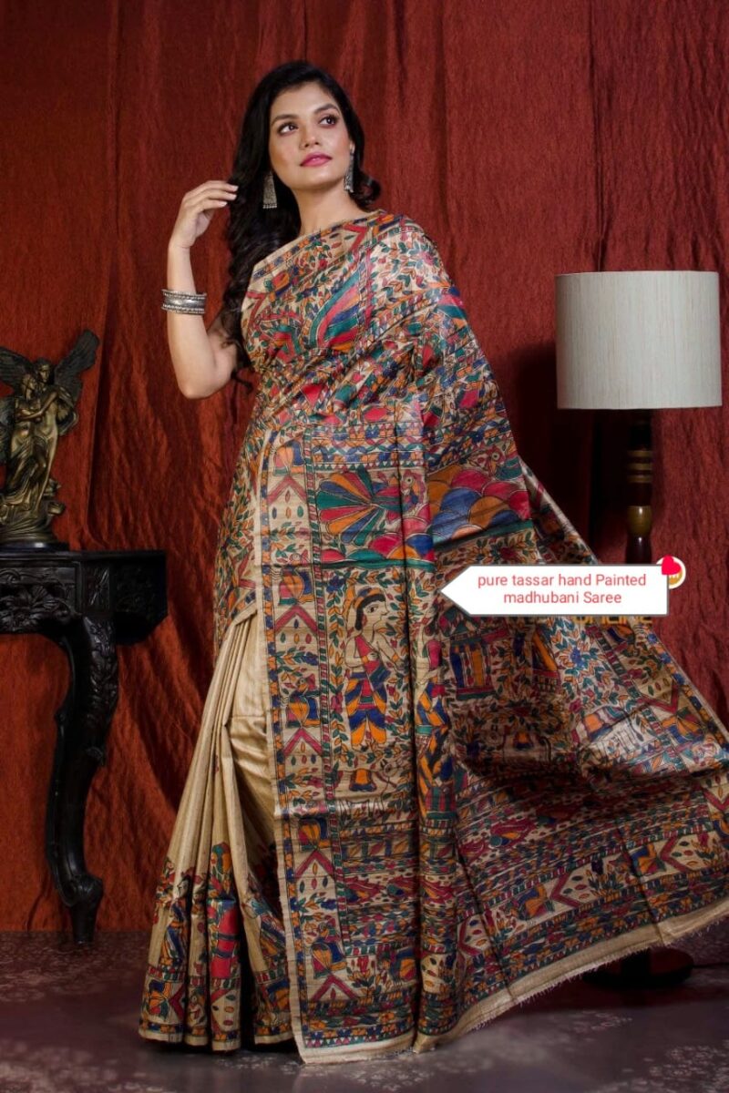Full Madhubani Painted Ghicha Tussar Silk Saree