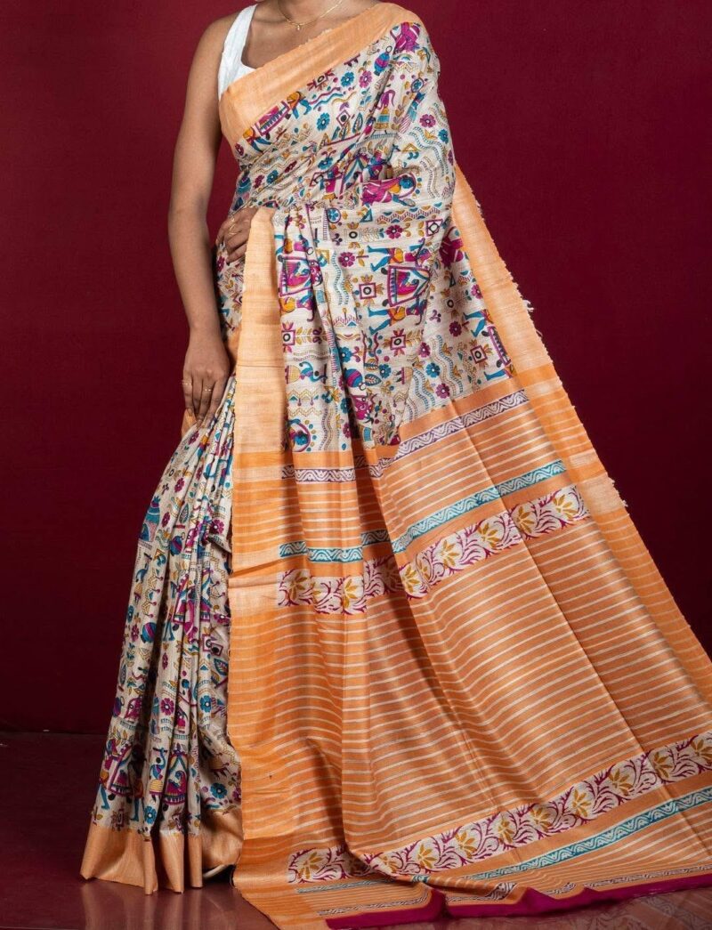 Pure Silk Tussar Ghicha Screen Printed Saree