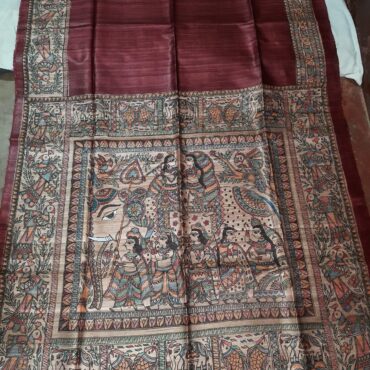 Madhubani Hand Painted Ghicha Tussar Silk Saree - Maroon