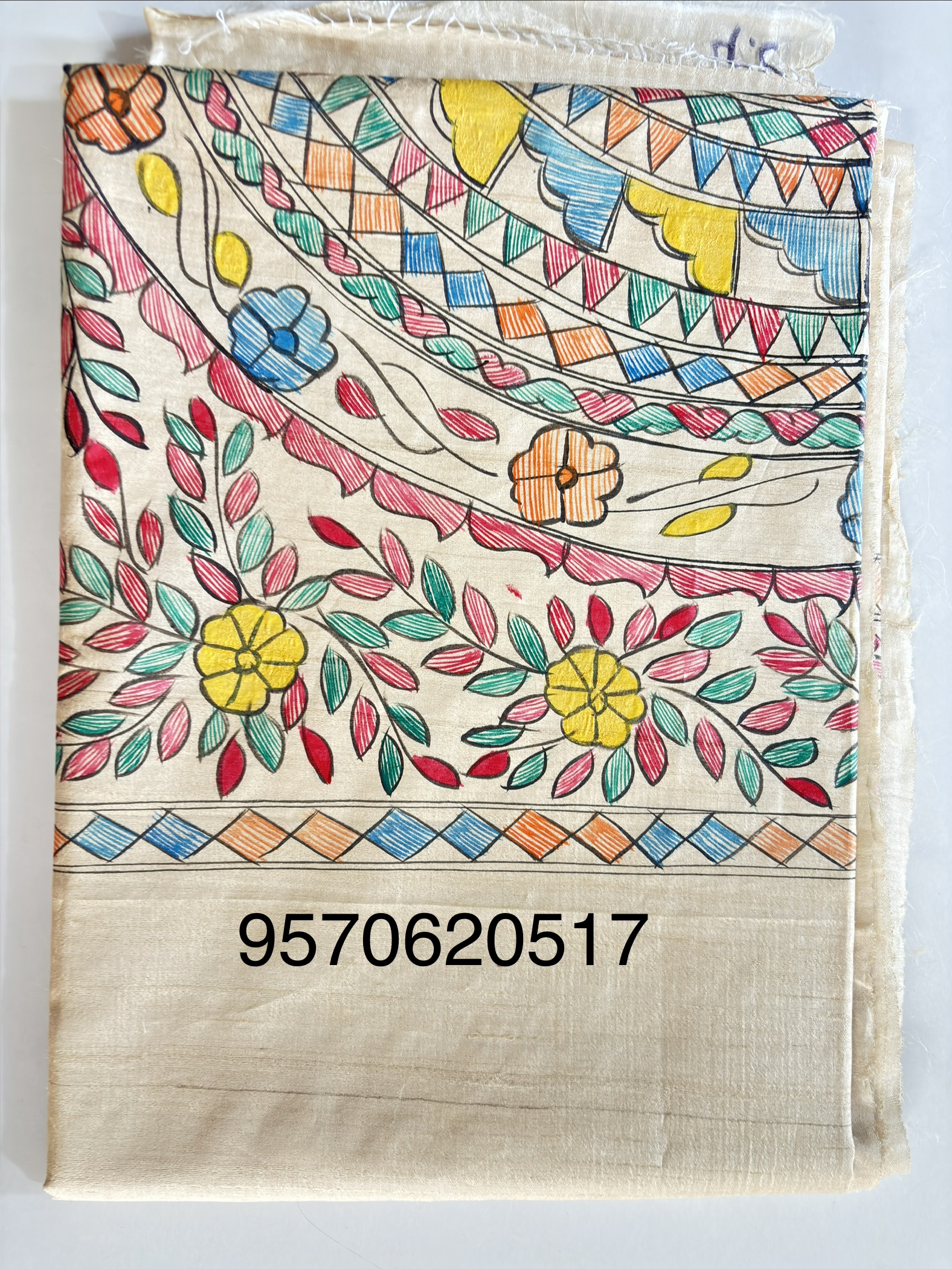Hand Painted Madhubani Desi Tussar Silk Saree - Image 2