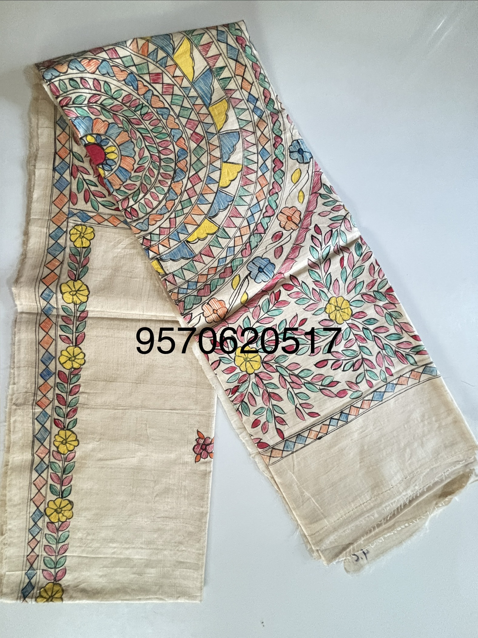 Hand Painted Madhubani Desi Tussar Silk Saree - Image 3