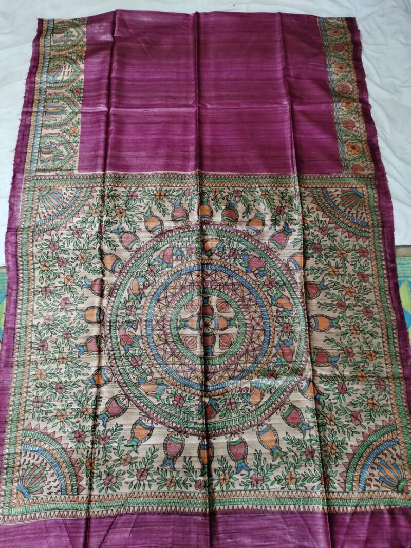Madhubani Hand Painted Ghicha Tussar Silk Saree
