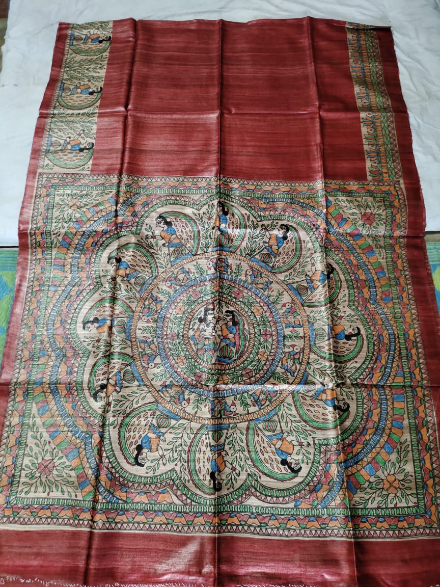 Madhubani Hand Painted Ghicha Tussar Silk Saree