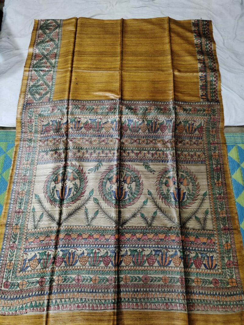 Madhubani Hand Painted Ghicha Tussar Silk Saree
