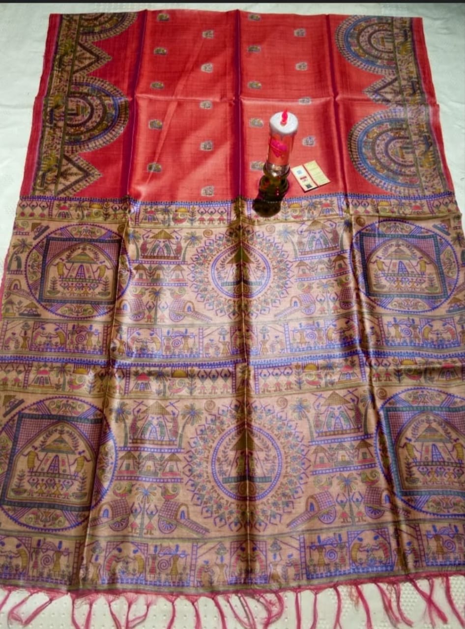 Pure Silk Tussar Ghicha Screen Printed Saree - Image 2