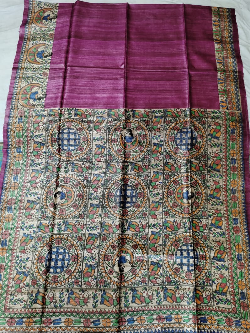 Madhubani Hand Painted Ghicha Tussar Silk Saree