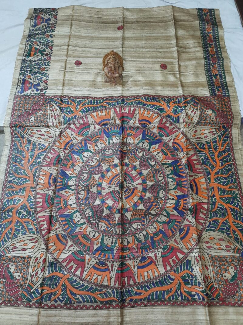 Madhubani Hand Painted Ghicha Tussar Silk Saree