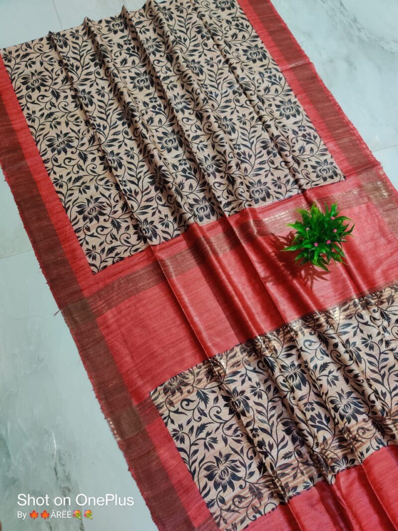 Pure Silk Tussar Ghicha Screen Printed Saree