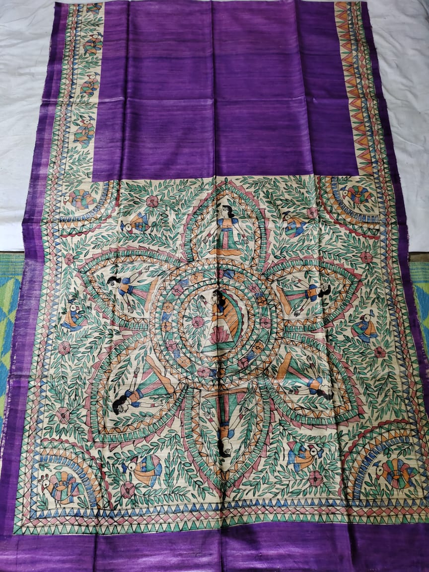 Madhubani Hand Painted Ghicha Tussar Silk Saree