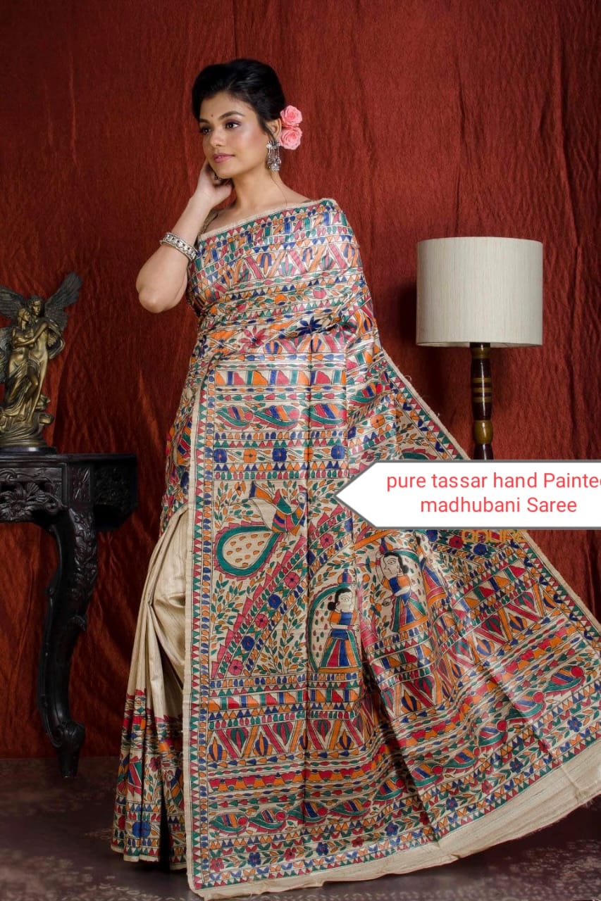 Full Madhubani Painted Ghicha Tussar Silk Saree