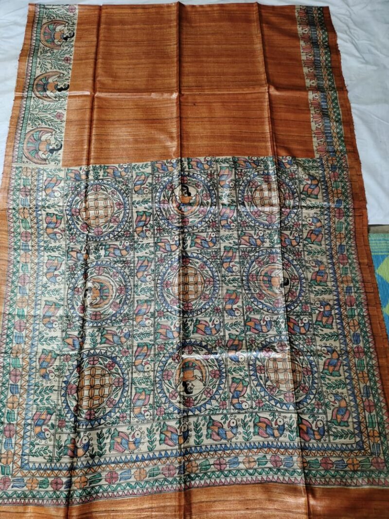 Madhubani Hand Painted Ghicha Tussar Silk Saree