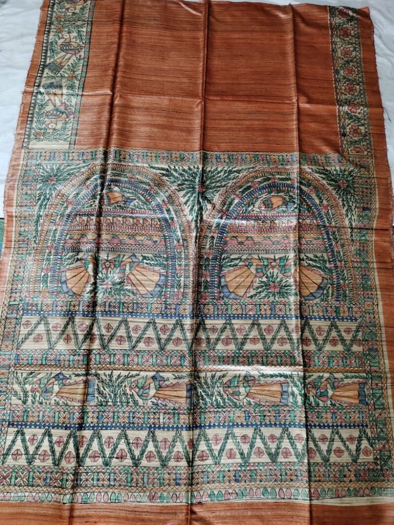 Madhubani Hand Painted Ghicha Tussar Silk Saree