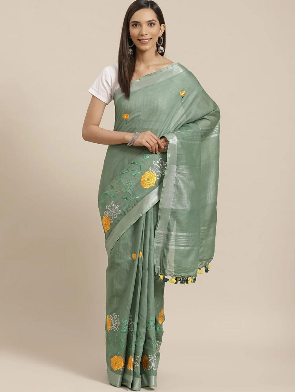 Hand-woven Thread Work Linen Cotton Saree