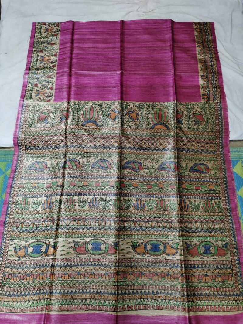 Madhubani Hand Painted Ghicha Tussar Silk Saree