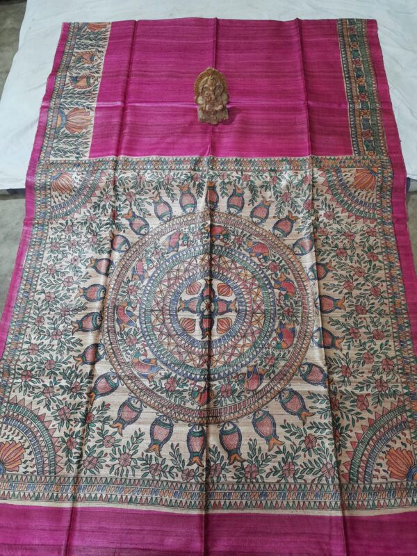 Madhubani Hand Painted Ghicha Tussar Silk Saree