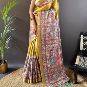 Hand Painted Madhubani Desi Tussar Silk Saree