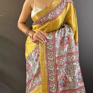 Hand Painted Madhubani Desi Tussar Silk Saree