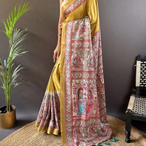Hand Painted Madhubani Desi Tussar Silk Saree