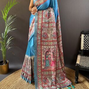 Hand Painted Madhubani Desi Tussar Silk Saree