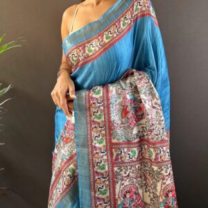 Hand Painted Madhubani Desi Tussar Silk Saree
