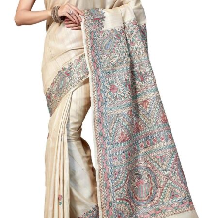 Hand Painted Madhubani Desi Tussar Silk Saree
