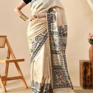 Desi Tussar Silk Madhubani Hand Painted Saree