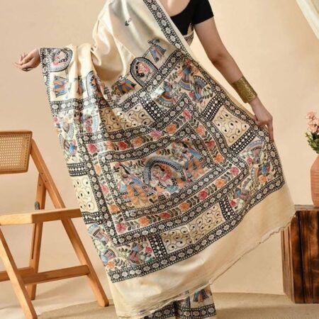 Desi Tussar Silk Madhubani Hand Painted Saree