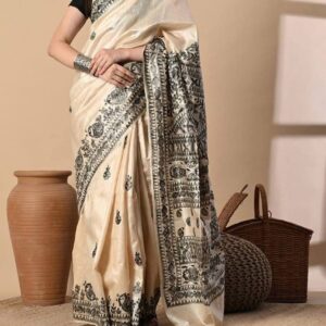 Desi Tussar Silk Madhubani Hand Painted Saree
