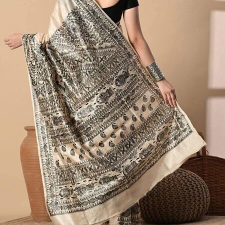 Desi Tussar Silk Madhubani Hand Painted Saree