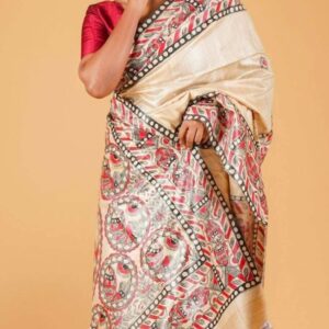 Desi Tussar Silk Madhubani Hand Painted Saree
