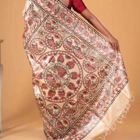 Desi Tussar Silk Madhubani Hand Painted Saree