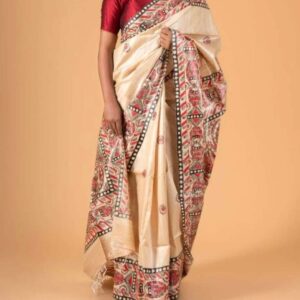 Desi Tussar Silk Madhubani Hand Painted Saree