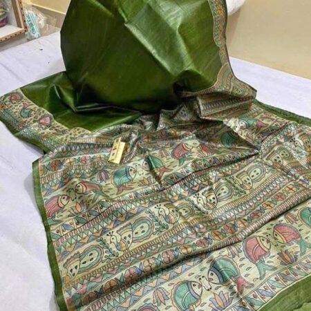 Desi Tussar Silk Madhubani Hand Painted Saree