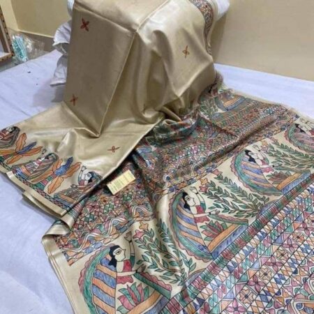 Desi Tussar Silk Madhubani Hand Painted Saree