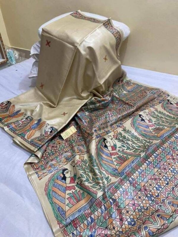Desi Tussar Silk Madhubani Hand Painted Saree