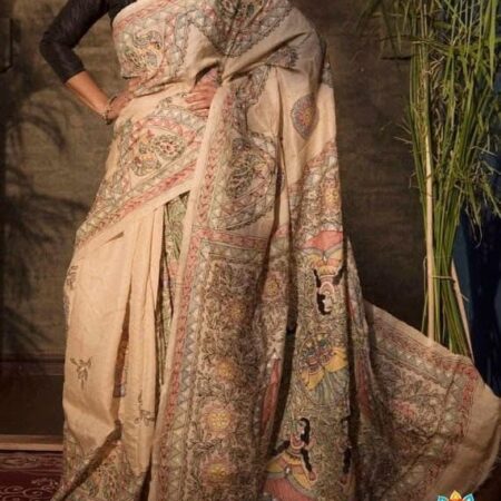 Desi Tussar Silk Madhubani Hand Painted Saree