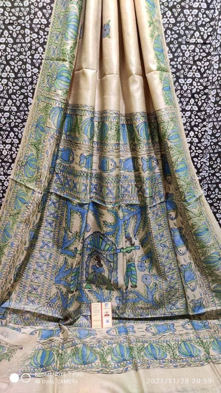 Hand Painted Madhubani Desi Tussar Silk Saree
