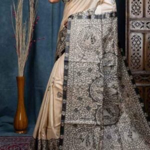 Hand Painted Madhubani Desi Tussar Silk Saree