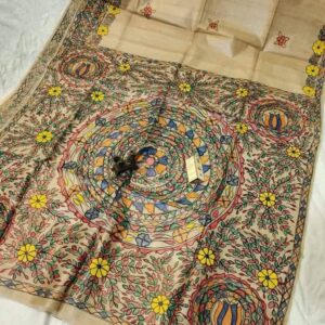 Hand Painted Madhubani Desi Tussar Silk Saree