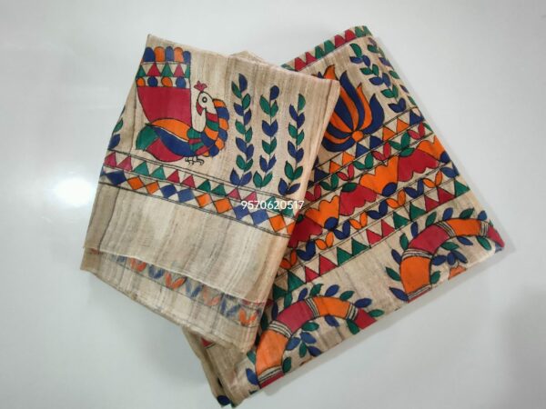 Madhubani Painted Ghicha Tussar Silk Saree - Image 6