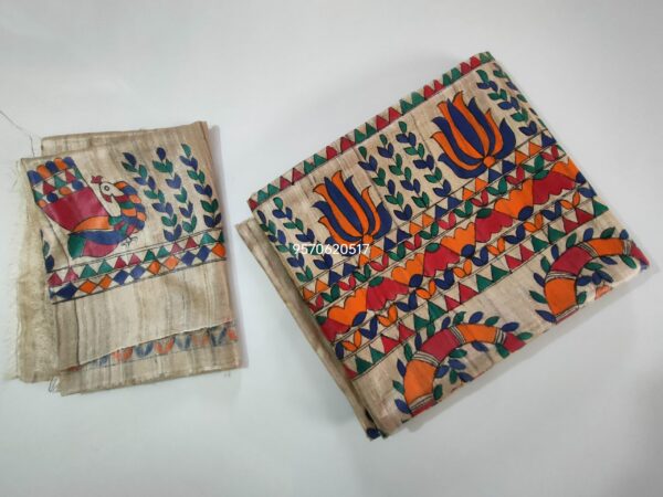 Madhubani Painted Ghicha Tussar Silk Saree - Image 7