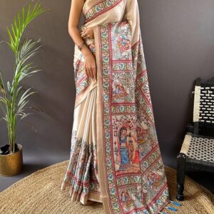 Hand Painted Madhubani Desi Tussar Silk Saree