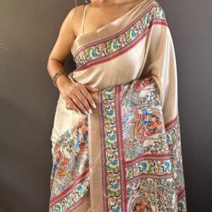 Hand Painted Madhubani Desi Tussar Silk Saree