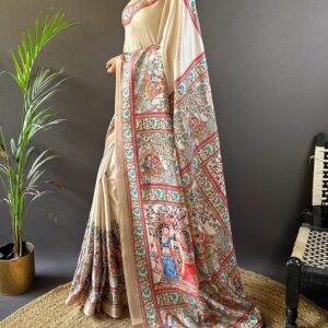 Hand Painted Madhubani Desi Tussar Silk Saree