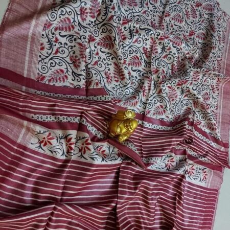 Handwoven Block Printed Pure Ghicha Tussar Silk Saree