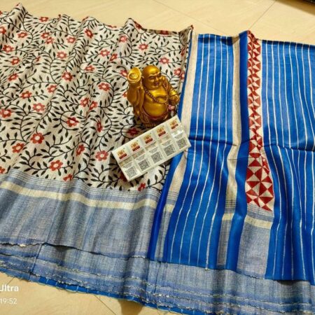 Handwoven Block Printed Pure Ghicha Tussar Silk Saree