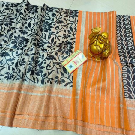Handwoven Block Printed Pure Ghicha Tussar Silk Saree