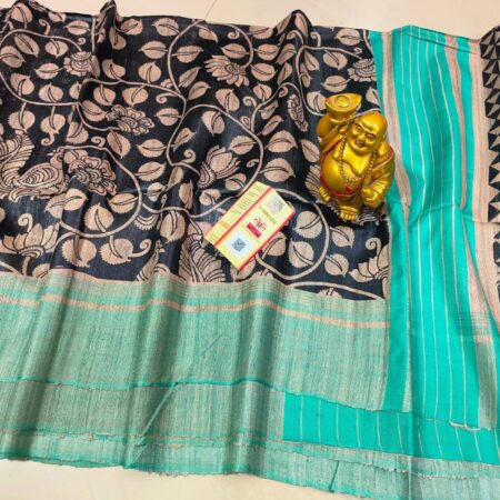 Handwoven Block Printed Pure Ghicha Tussar Silk Saree